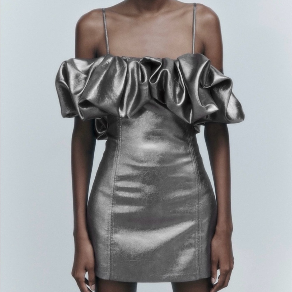 Zara Voluminous Metallic Silver Off-Shoulder Dress